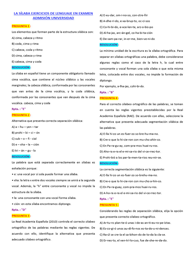 Ejercicios de Silabación para Exámenes | PDF | Sílaba | Vocal