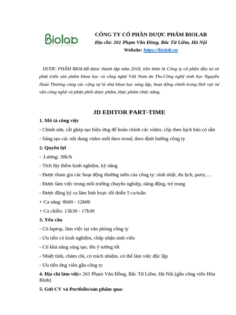 JD Editor Part Time Biolab | PDF