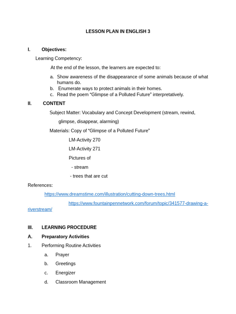LESSON PLAN IN ENGLISH 3 Day | PDF | Lesson Plan | Behavior Modification