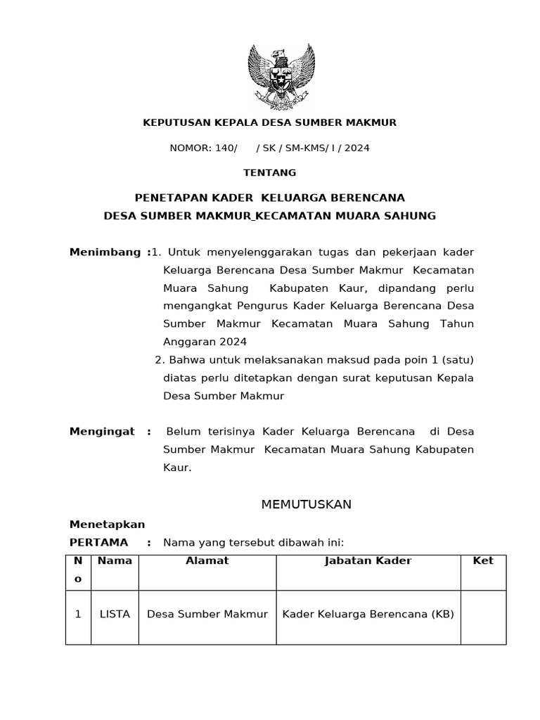 Penetapan Kader KB 2024 Desa Sumber Makmur | PDF