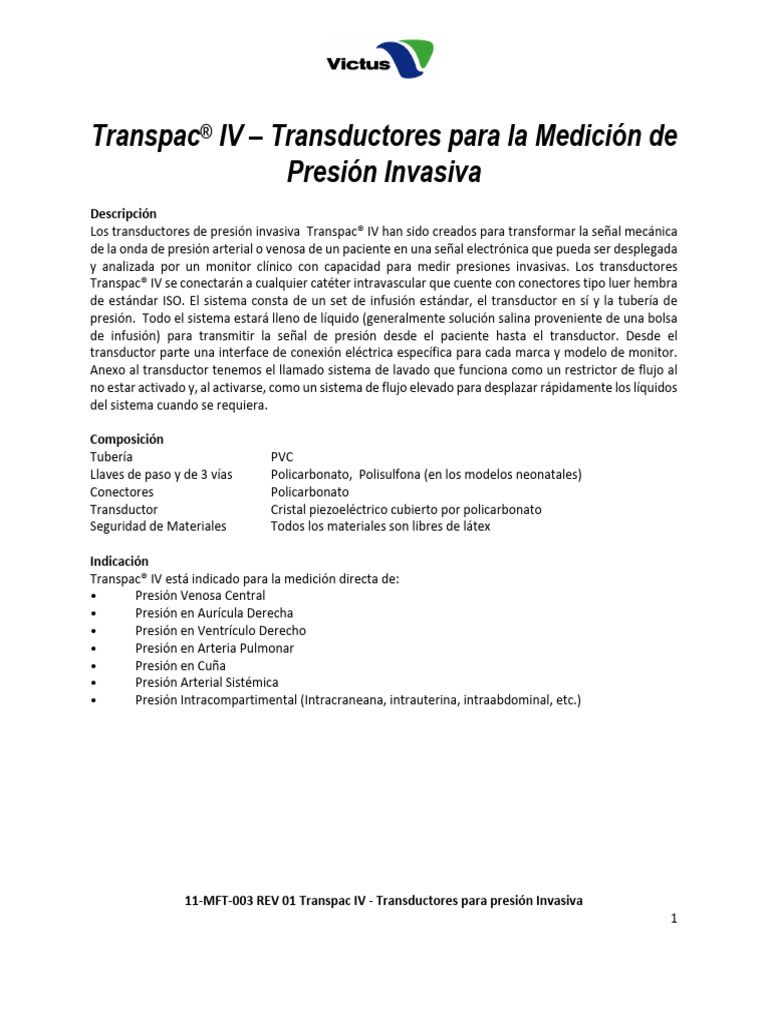 FICHA TECNICA TRANSPAC - 011 46115 68 Sistemas para Monitorear Presion ...