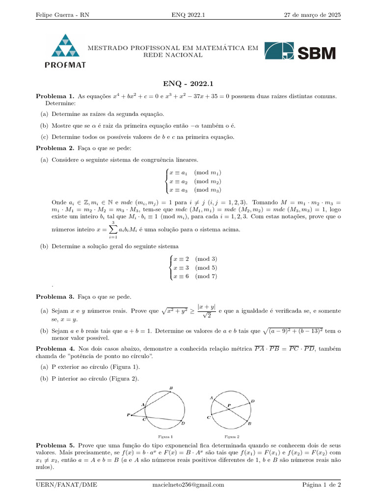 Prova_do_ENQ_2022_1 | PDF | Equações | Número real