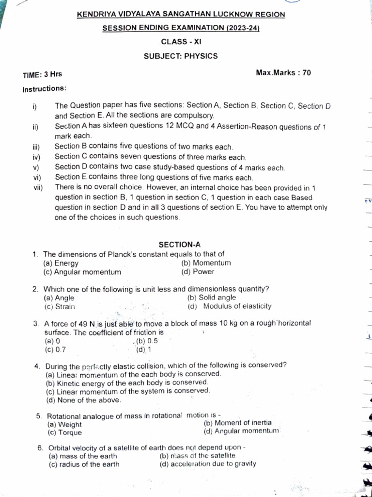 Class XI Physics Exam Paper 2023-24 | PDF | Force | Rotation Around A ...