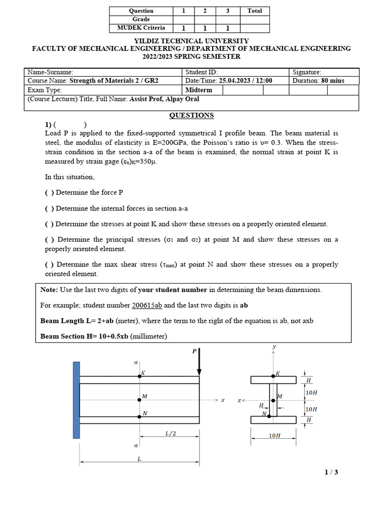 Strength of Materials Midterm Exam 2023 | PDF | Stress (Mechanics ...
