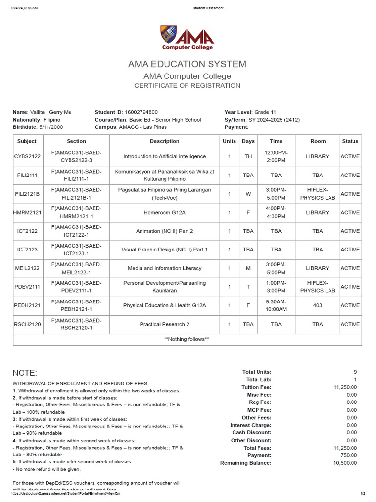 Student Assesment or COR | PDF