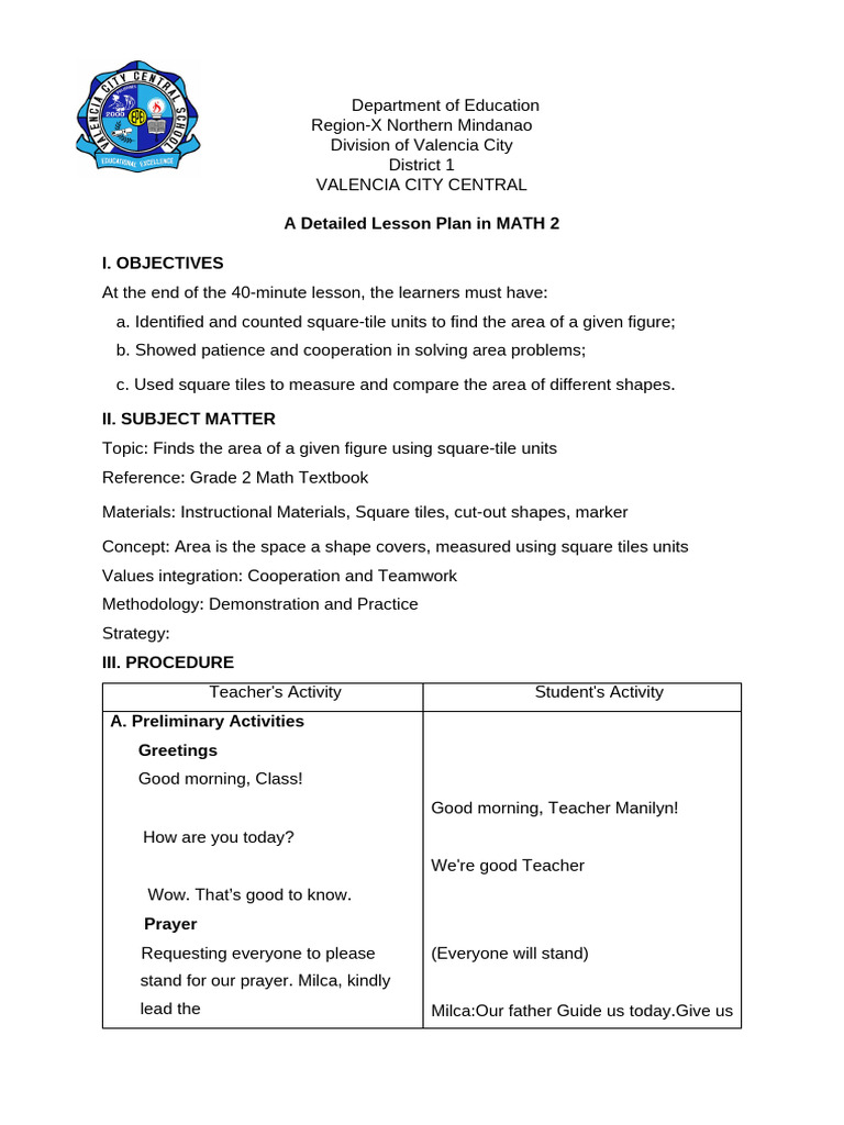 Grade 2 Math Lesson Plan: Area with Tiles | PDF | Area | Teachers