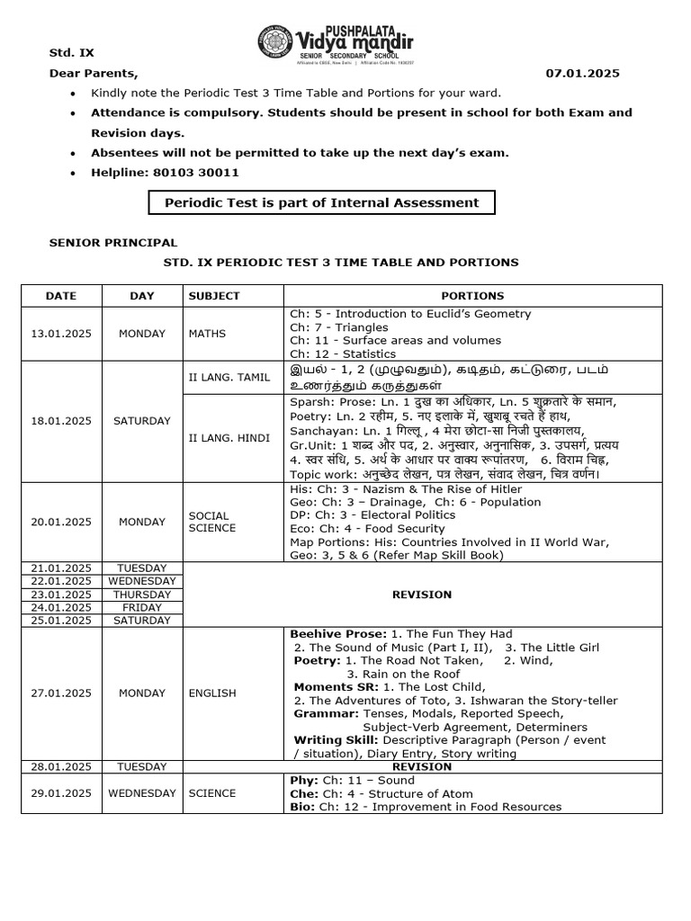 Std. Ix Periodic Test 3 Time Table and Portions | PDF
