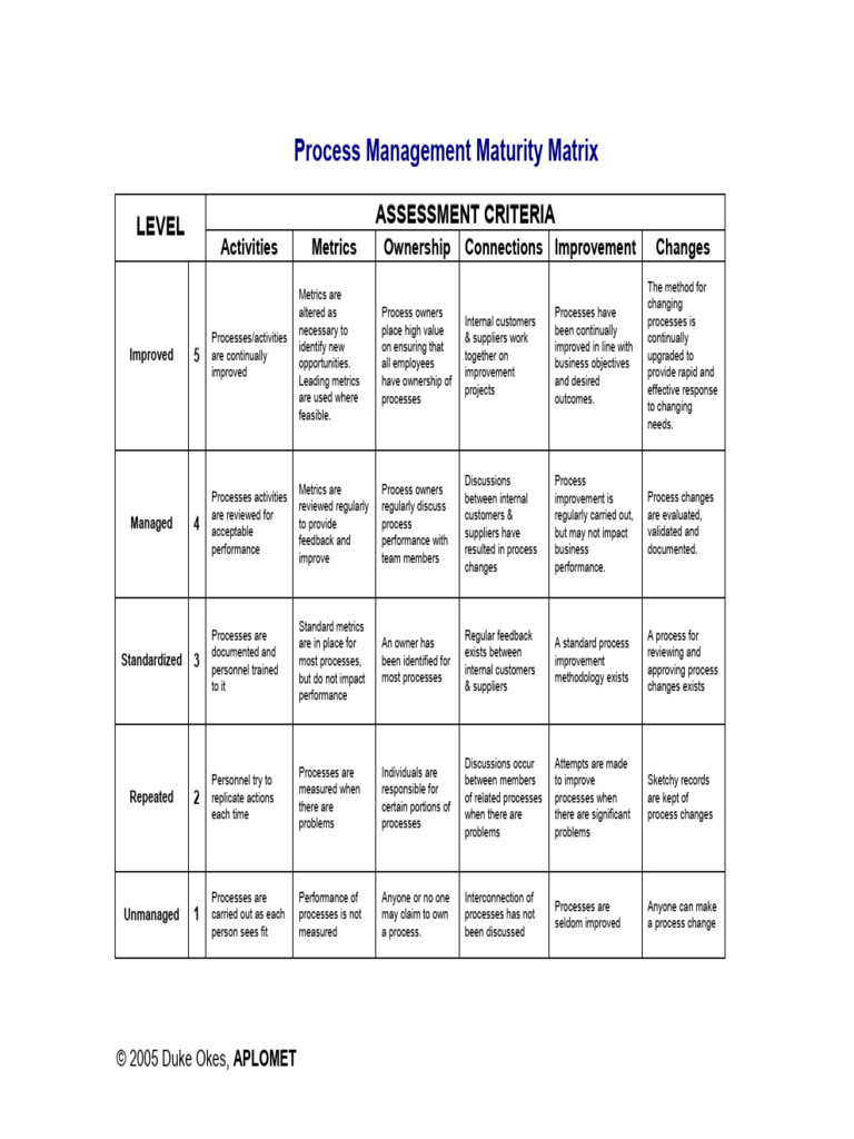 Process Management Maturity Matrix | PDF | Performance Indicator | Business