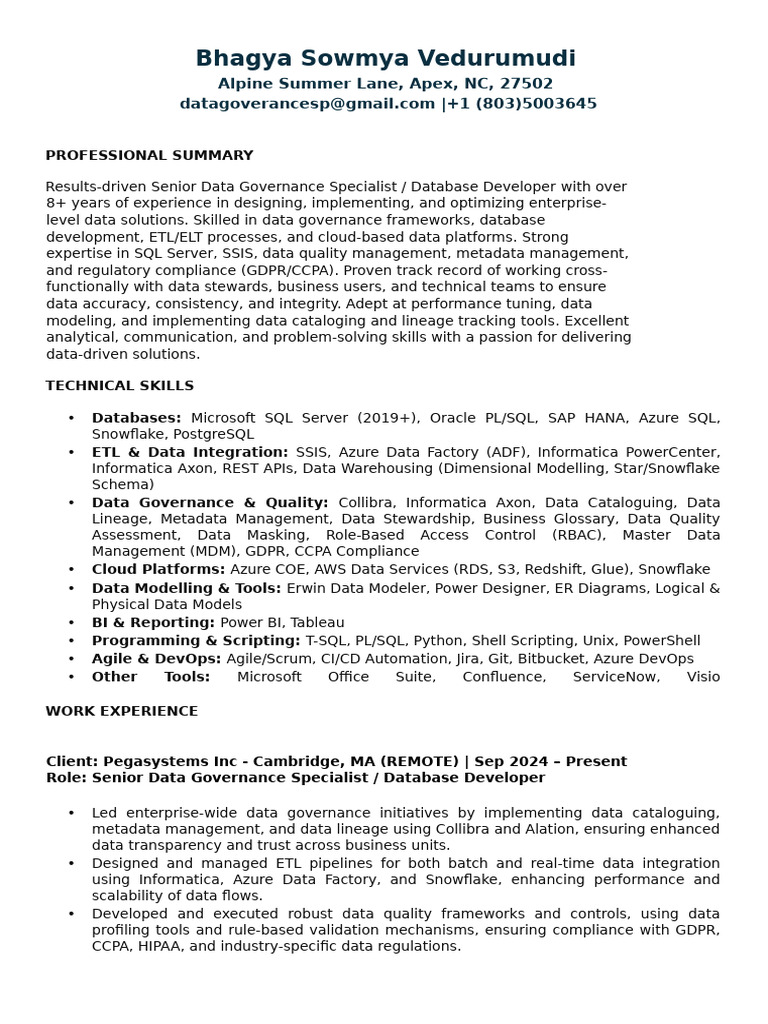 Senior Data Governance Specialist Profile | PDF | Databases | Microsoft ...