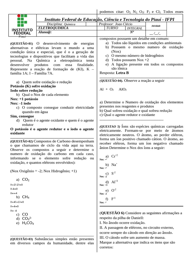 Eletroquímica: Questões e Reações | PDF | Redox | Cátodo