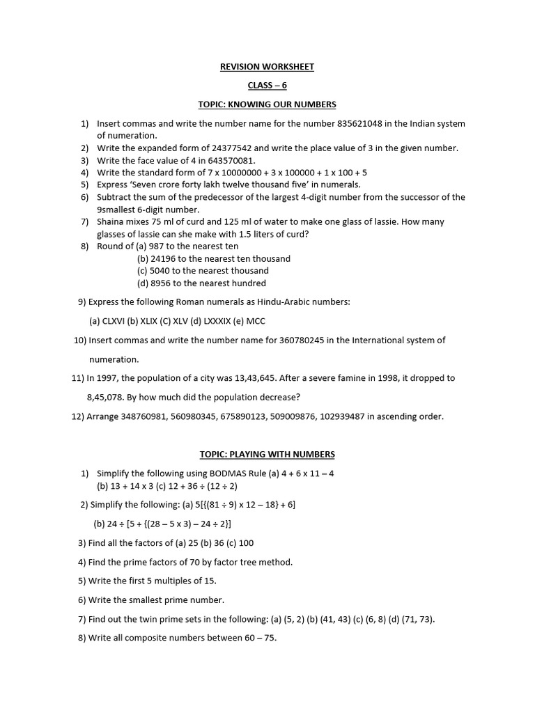 Class 6 Math Revision Worksheet | PDF | Prime Number | Discrete Mathematics