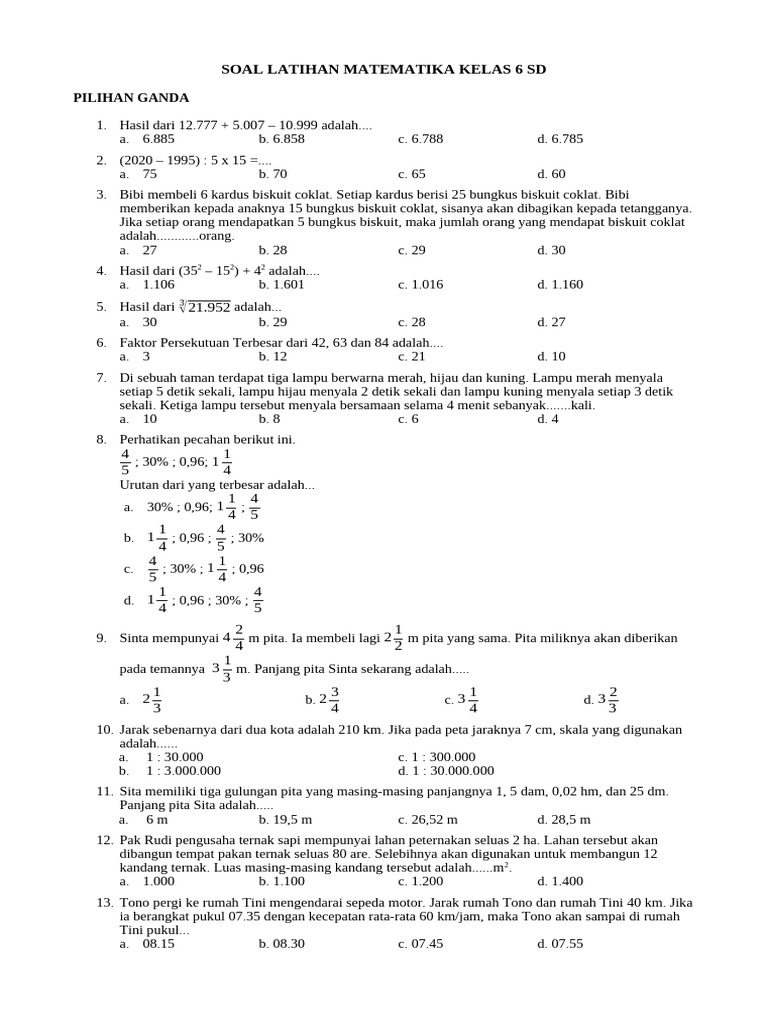 Soal Latihan Matematika Kelas 6 SD | PDF