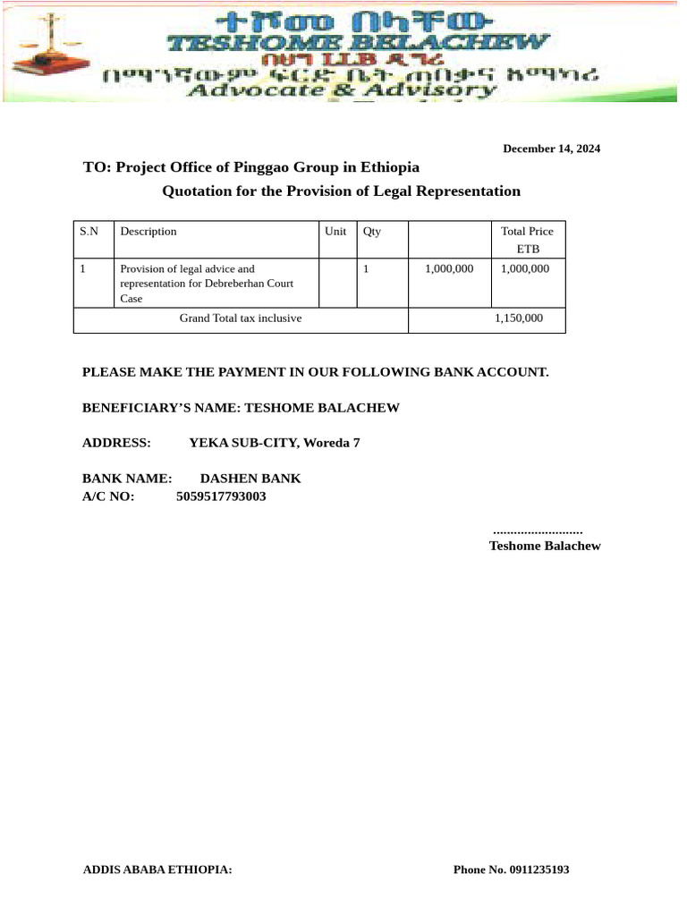 TO: Project Office of Pinggao Group in Ethiopia Quotation For The ...