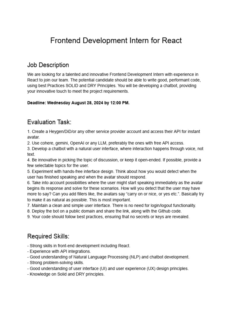 React Frontend Intern Job Description | PDF | User Interface ...