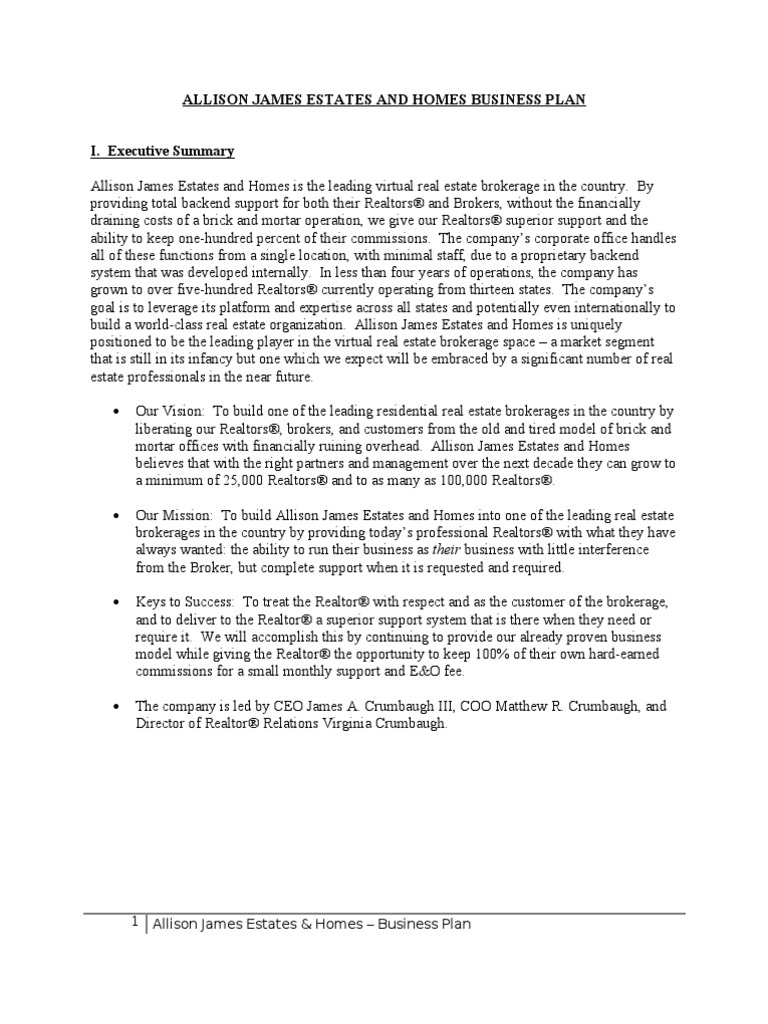 Allison James Business Plan Real Trends PDF Mergers And