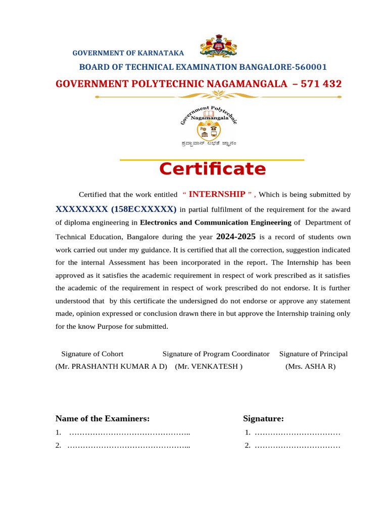 Internship Certificate for Diploma Engineering | PDF