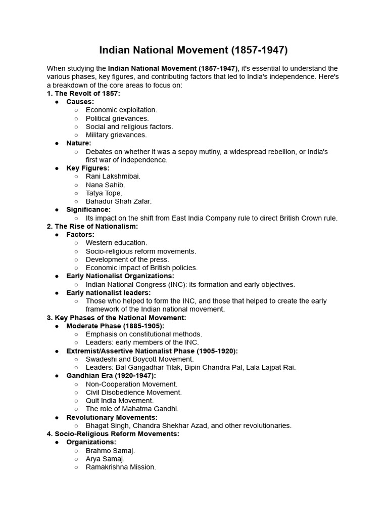 Indian National Movement Overview (1857-1947) | PDF | Indian ...