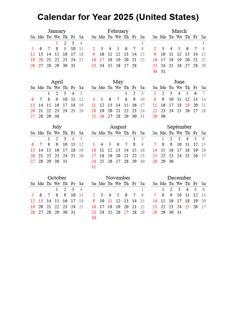 Year 2025 Calendar - United States | PDF