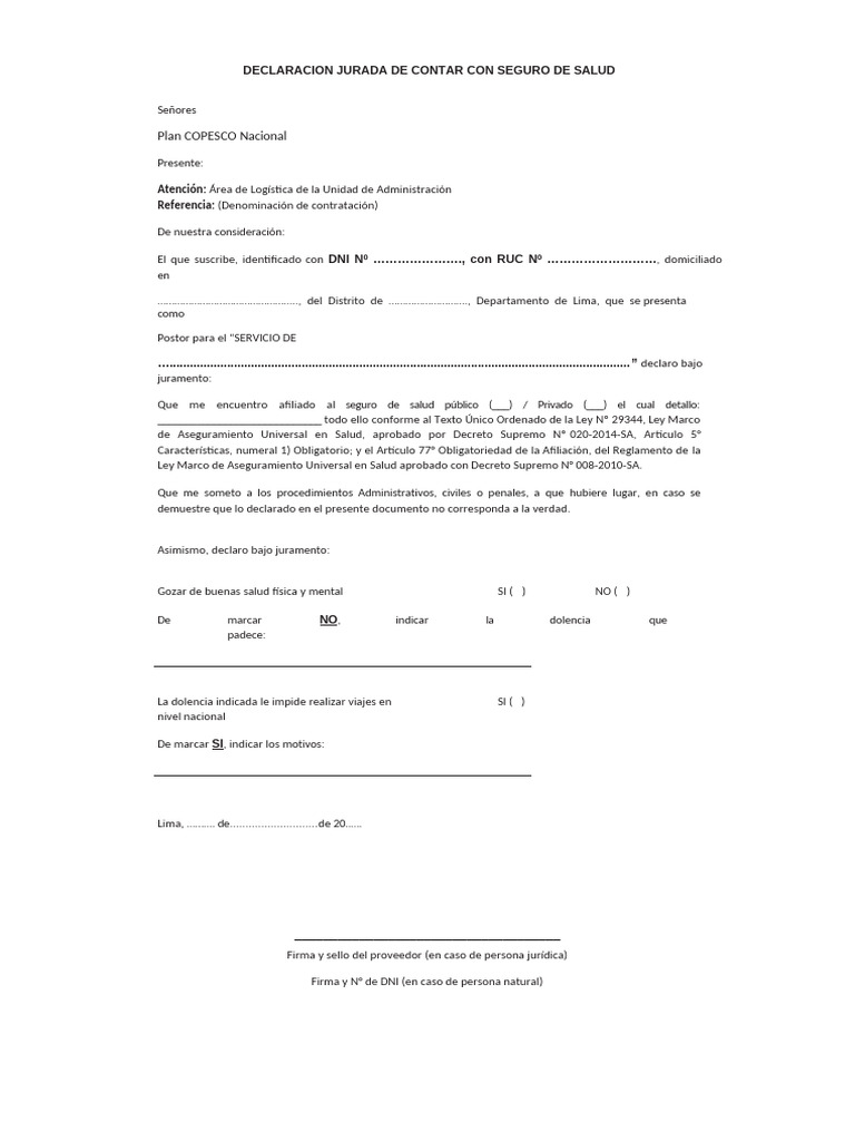 Declaración Jurada de Seguro de Salud | PDF