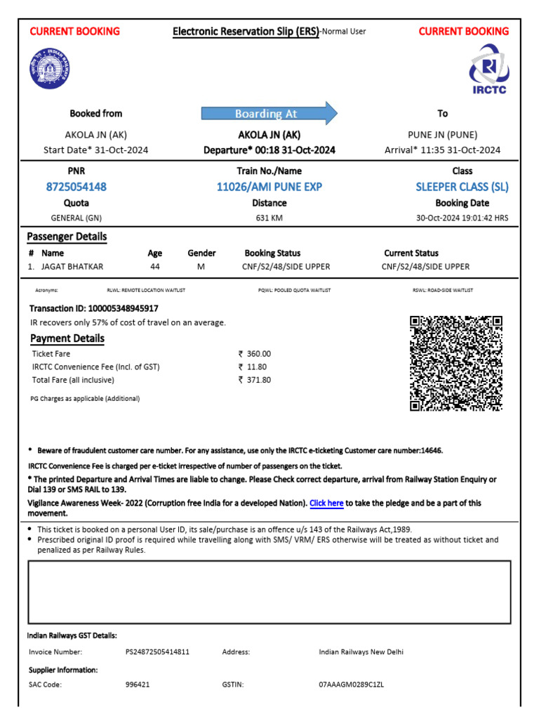 IRCTC E-Ticket Booking Details | PDF | Identity Document | Payments