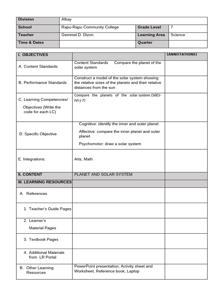 Solar System Lesson Plan for Grade 7 | PDF | Planets | Solar System