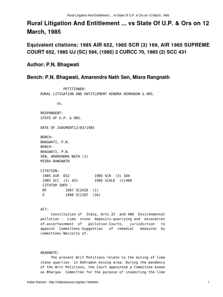 Rural Litigation and Entitlement Vs State of U P Ors On 12 March 1985 ...