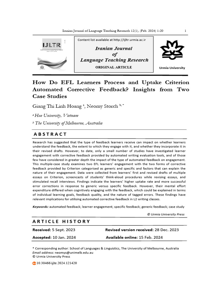 EFL Learners' Engagement with Automated Feedback | PDF | Second ...