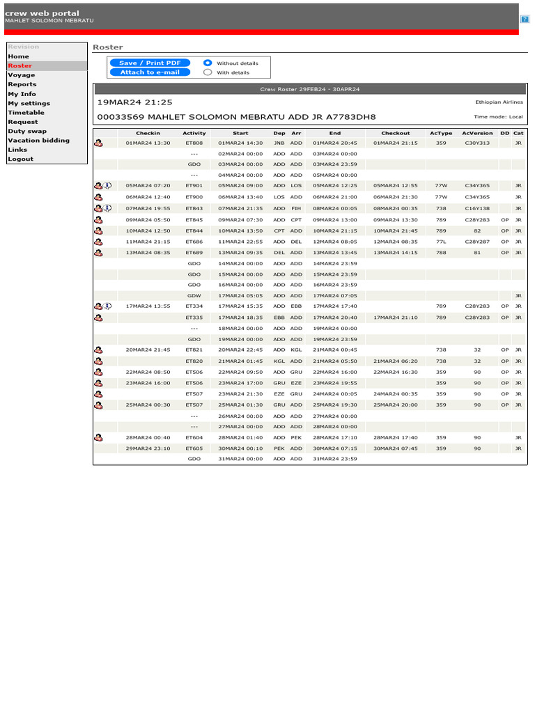 Ethiopian Airlines Crew Roster ET844 | PDF
