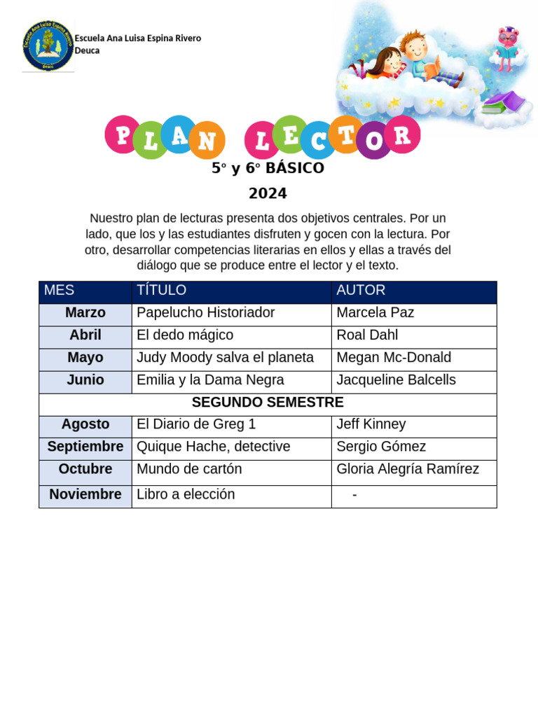 Plan de Lecturas 5° y 6° Básico 2024 | PDF