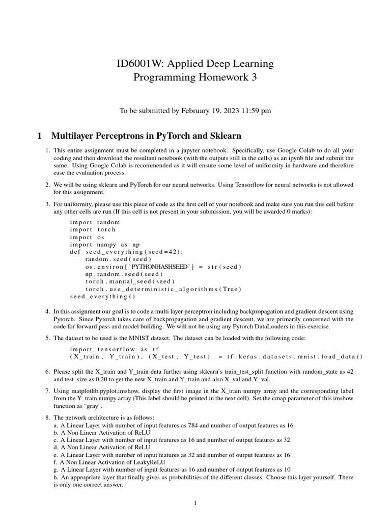 PyTorch MLP Assignment for MNIST | PDF | Algorithms | Learning