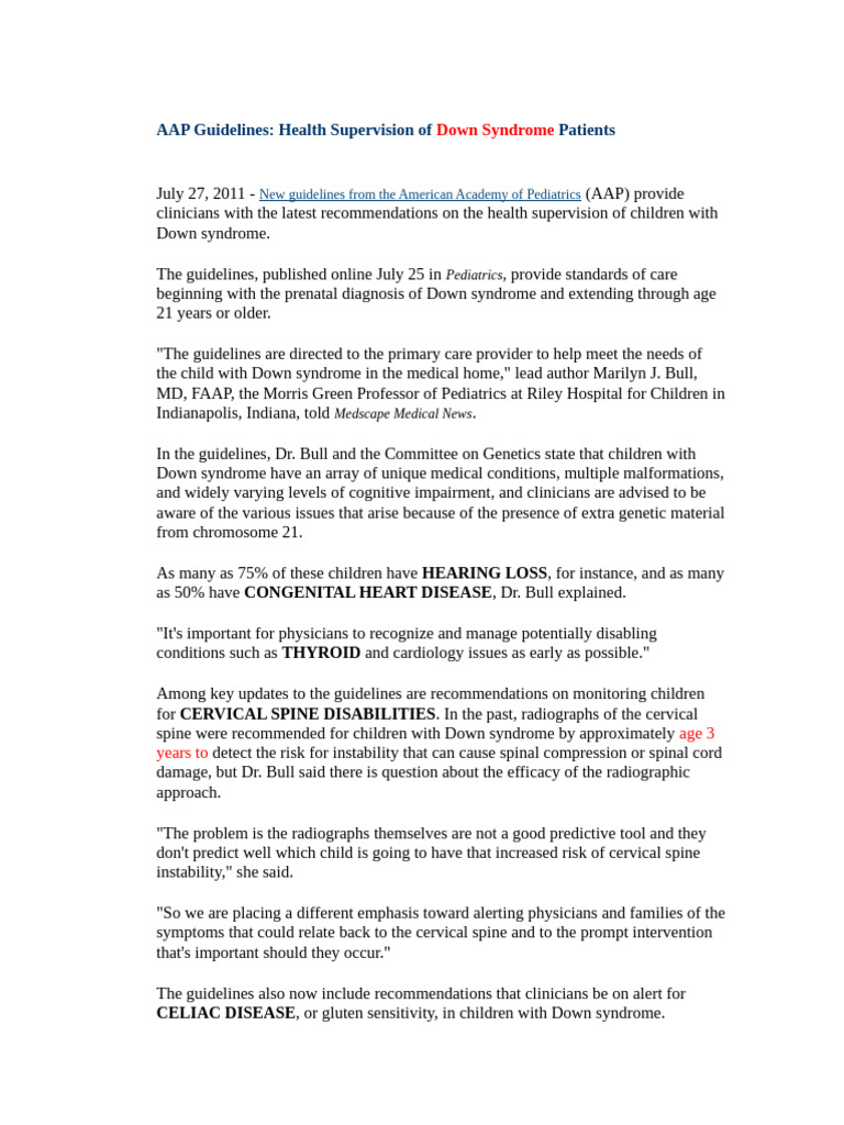 AAP DOWN SYNDROME GUIDELINES 2020 intelligence overview