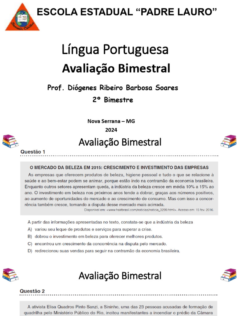 Avaliação Bimestral de Língua Portuguesa | PDF