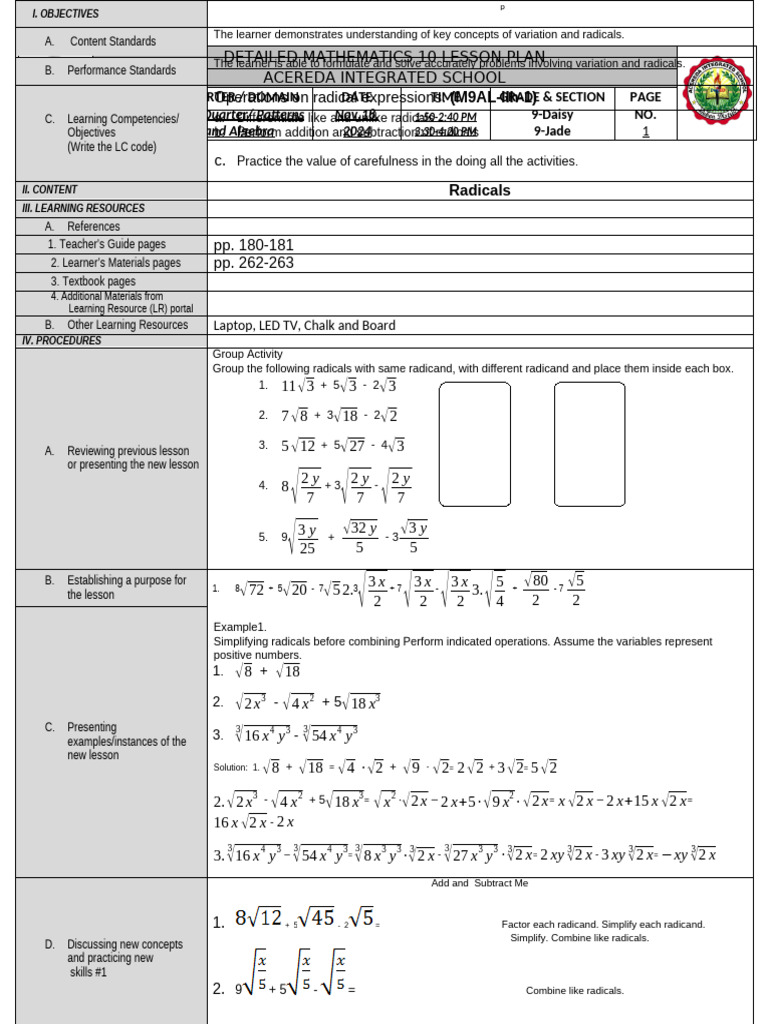 Grade 9 Mathematics Lesson Plan: Radicals | PDF | Learning | Mathematics