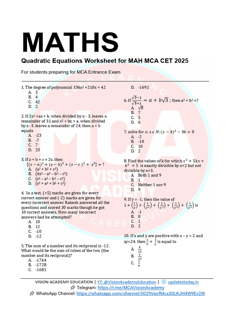 MCA CET 2025 Quadratic Equations Worksheet | PDF | Numerical Analysis ...