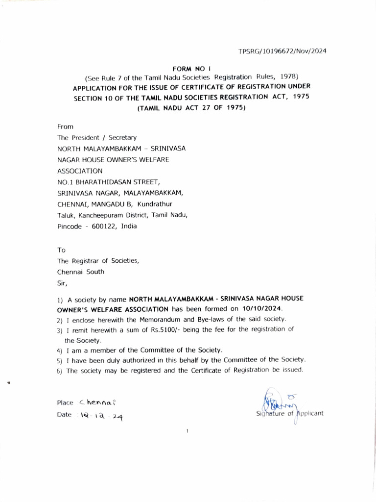 Registration Application for Society in Tamil Nadu | PDF