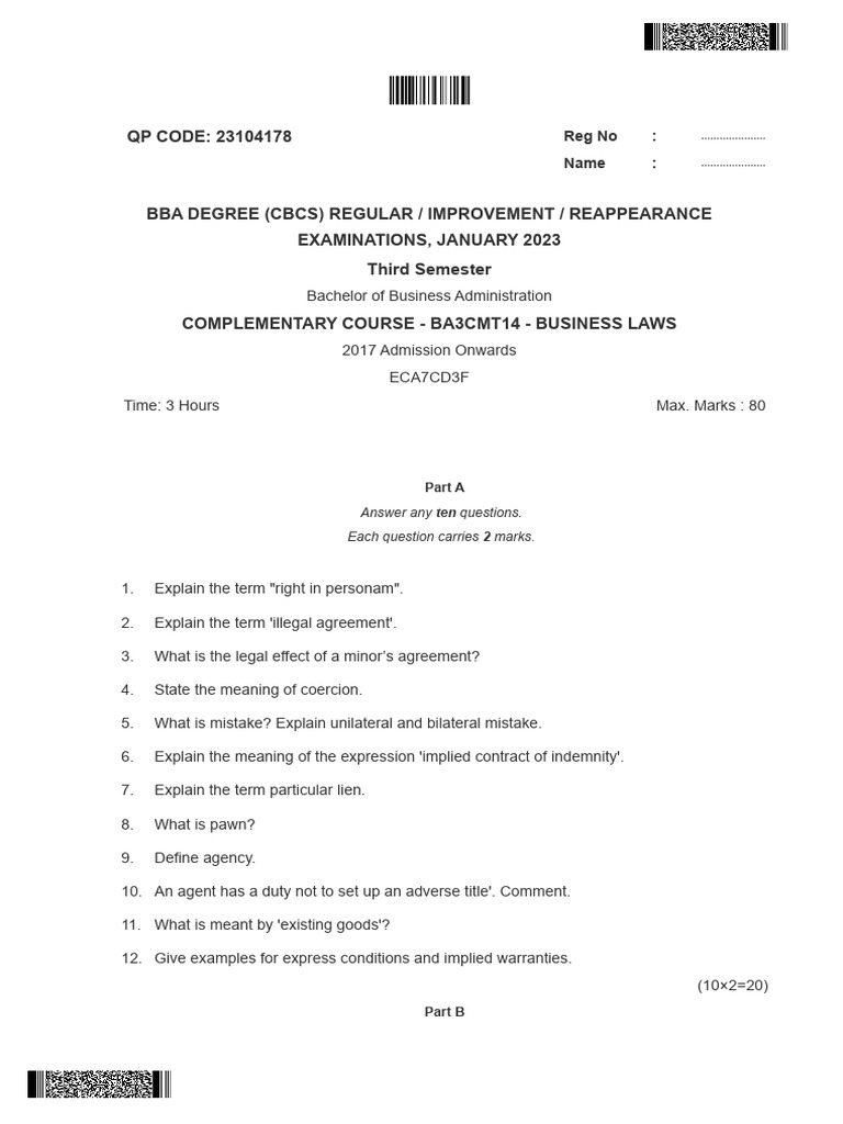 BBA Business Laws Exam Questions 2023 | PDF | Guarantee | Law Of ...