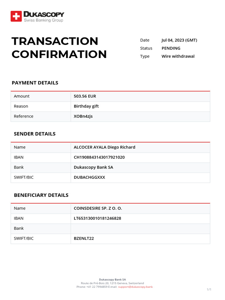 Pending Wire Withdrawal Confirmation | PDF