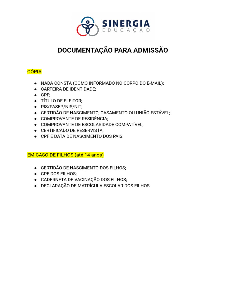 Documentação Necessária para Admissão | PDF
