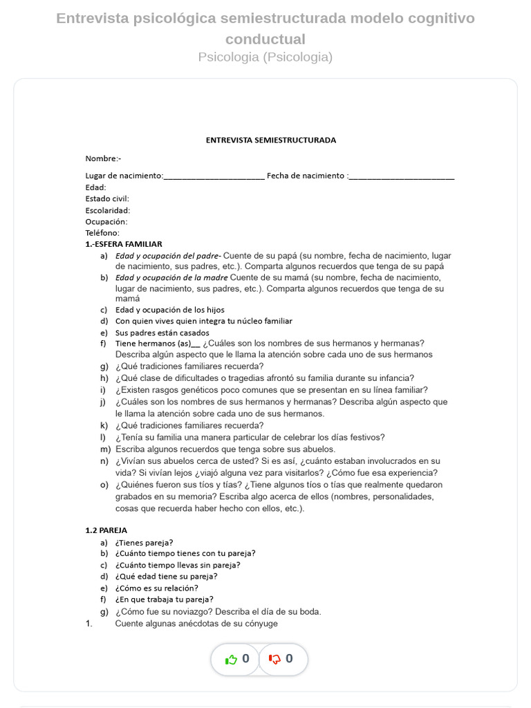 Entrevista Psicologica Semiestructurada Modelo Cognitivo Conductual ...