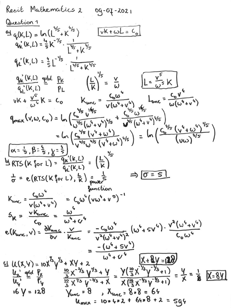 Resit Mathematics 2 For Economics Version 1 Solutions | PDF