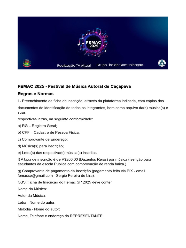 Inscrições FEMAC 2025: Regras e Normas | PDF