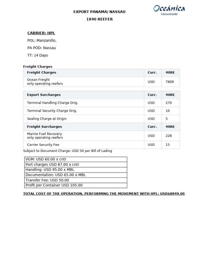Panama to Nassau Reefer Shipping Costs | PDF