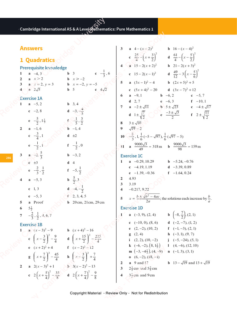 Quadratic Function Exercises and Answers | PDF | Mathematics