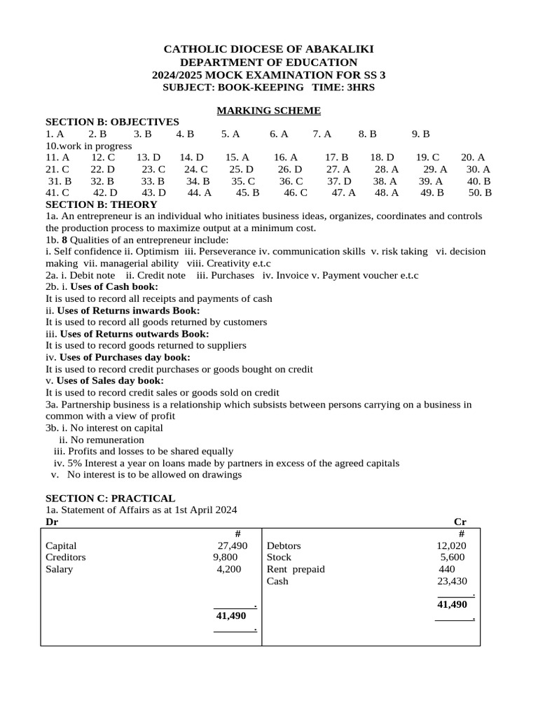 SS3 Bookkeeping Mock Exam 2024/2025 | PDF | Debits And Credits | Accounting
