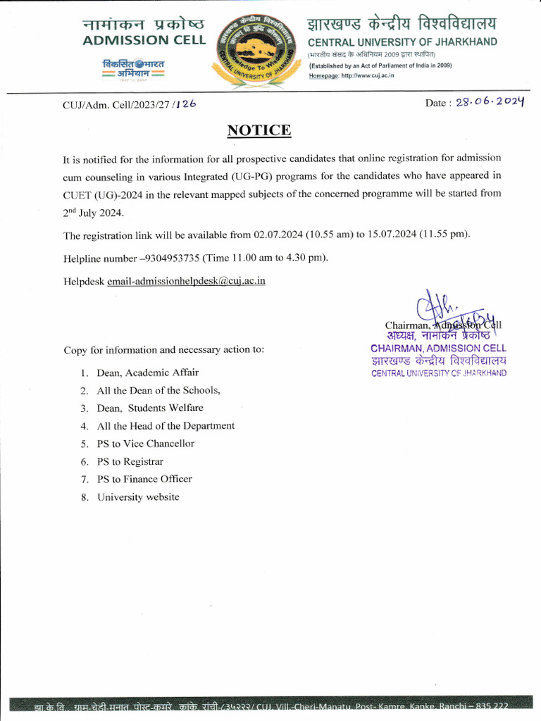 Notice For Online Registration in Integrated (UG-PG) Programme 2024-25 ...