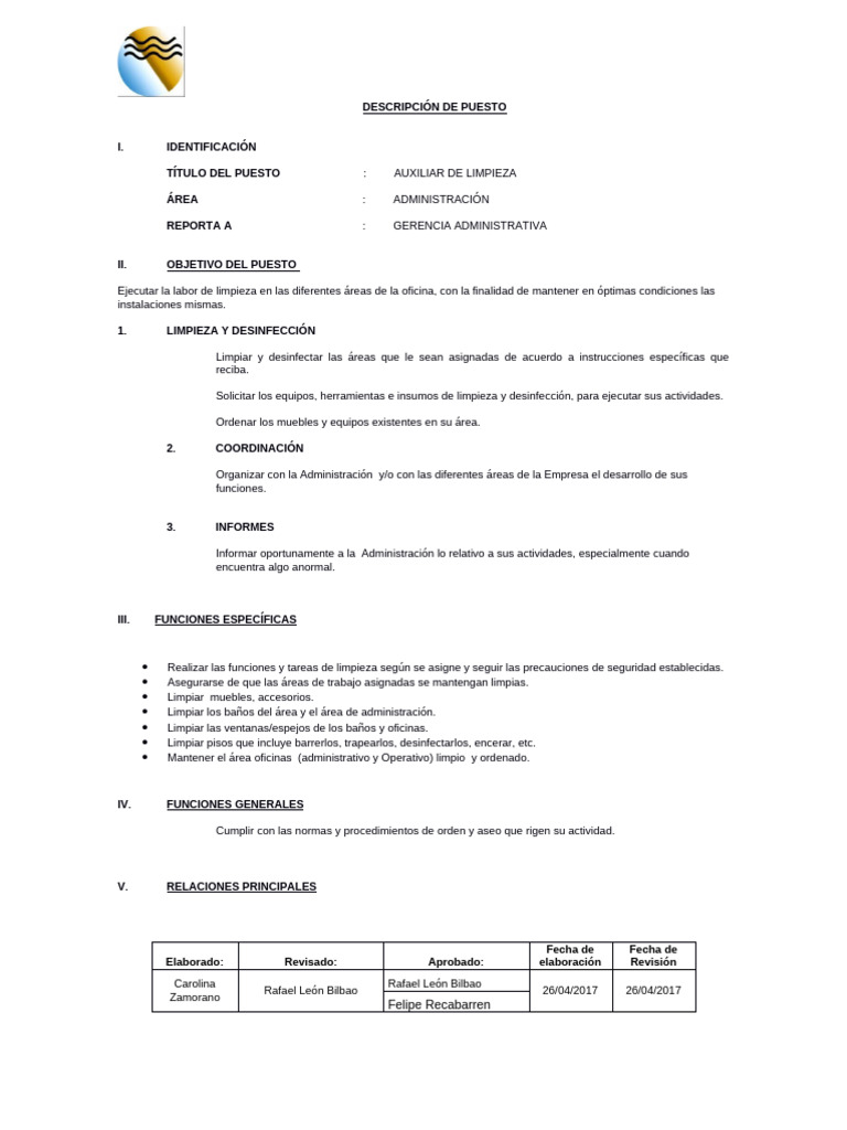Descripción del Puesto: Auxiliar de Limpieza | PDF