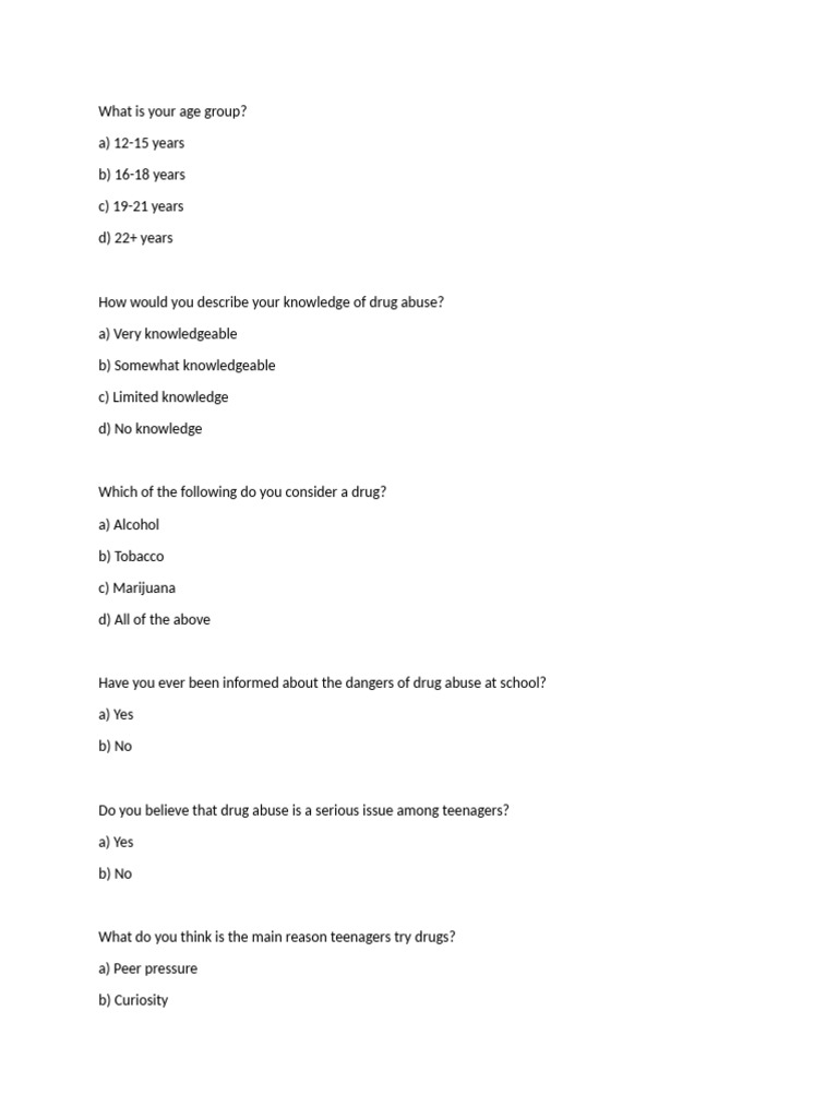 Teen Drug Abuse Awareness Survey | PDF