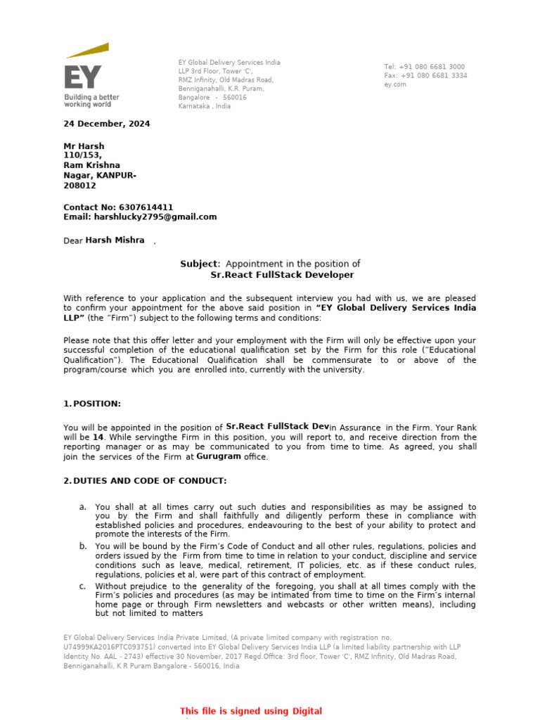 EY Offer Letter 1 | PDF | Employment | Confidentiality