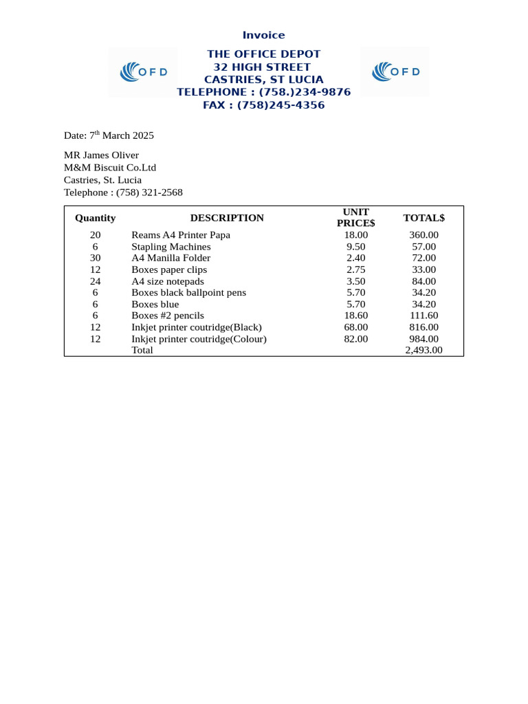 Office Depot Invoice for M&M Biscuit Co. | PDF