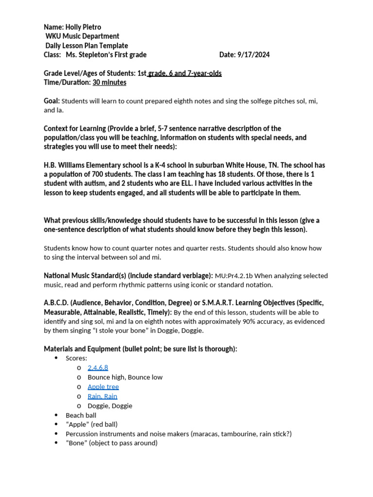 HPLessonPlan1 | PDF | Lesson Plan | Rhythm